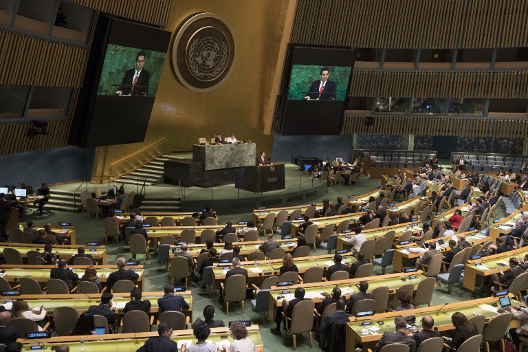 UN VOTE. Israel's Ambassador to the United Nations Danny Danon speaks to the General Assembly before a vote, to deplore Israeli actions in Occupied East Jerusalem and the rest of the Occupied Palestinian Territory, in the General Assembly June 13, 2018 in New York. Photo by Don Emmert/AFP  