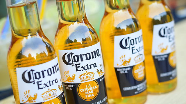 BEER, NOT VIRUS. Bottles of Corona lined up. Photo from Shutterstock 