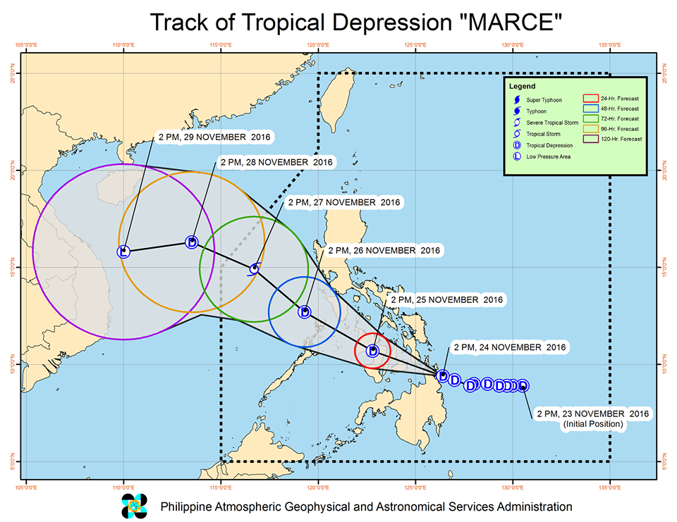 Forecast track of Tropical Depression Marce as of November 24, 5 pm. Image courtesy of PAGASA 