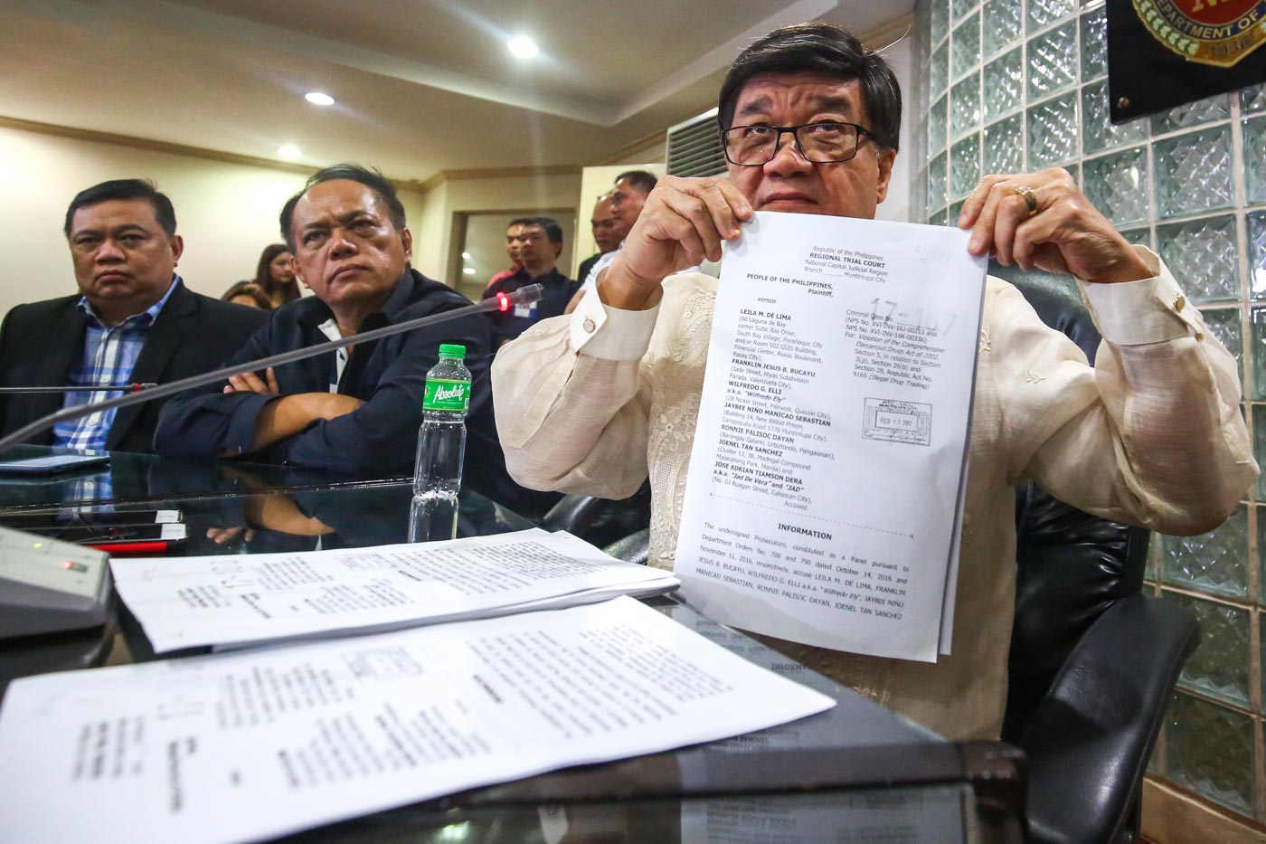 DRUG CASE. Justice Secretary Vitaliano Aguirre shows the case filed against Senator Leila De Lima and others in connection with the illegal drug trade inside the New Bilibid Prison on February 17, 2017. Photo by Ben Nabong/Rappler 