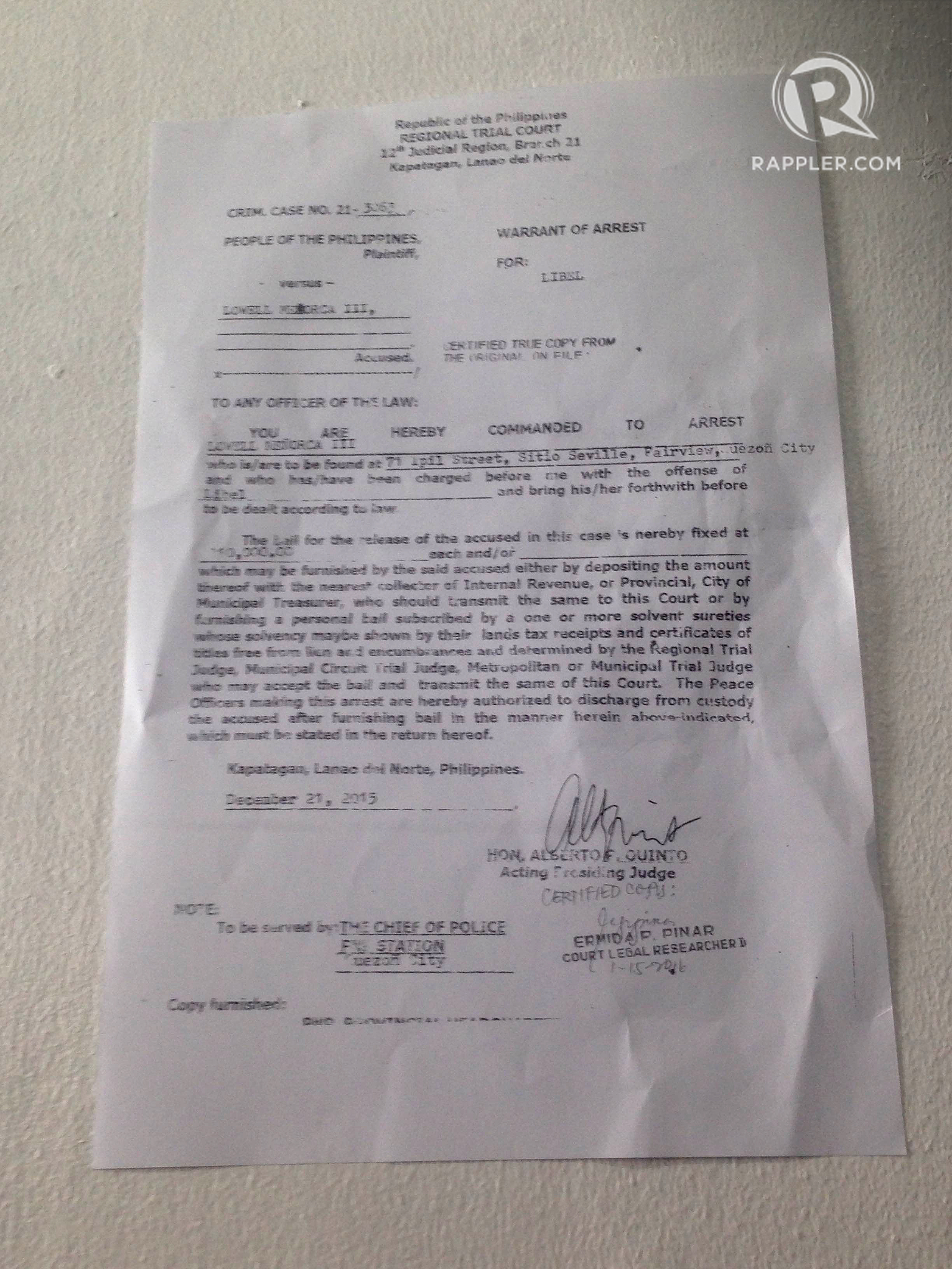 WARRANT OF ARREST. The warrant of arrest, dated December 21, 2015, issued by the Regional Trial Court in Kapatagan, Lanao del Norte. Photo by Katerina Francisco/Rappler 