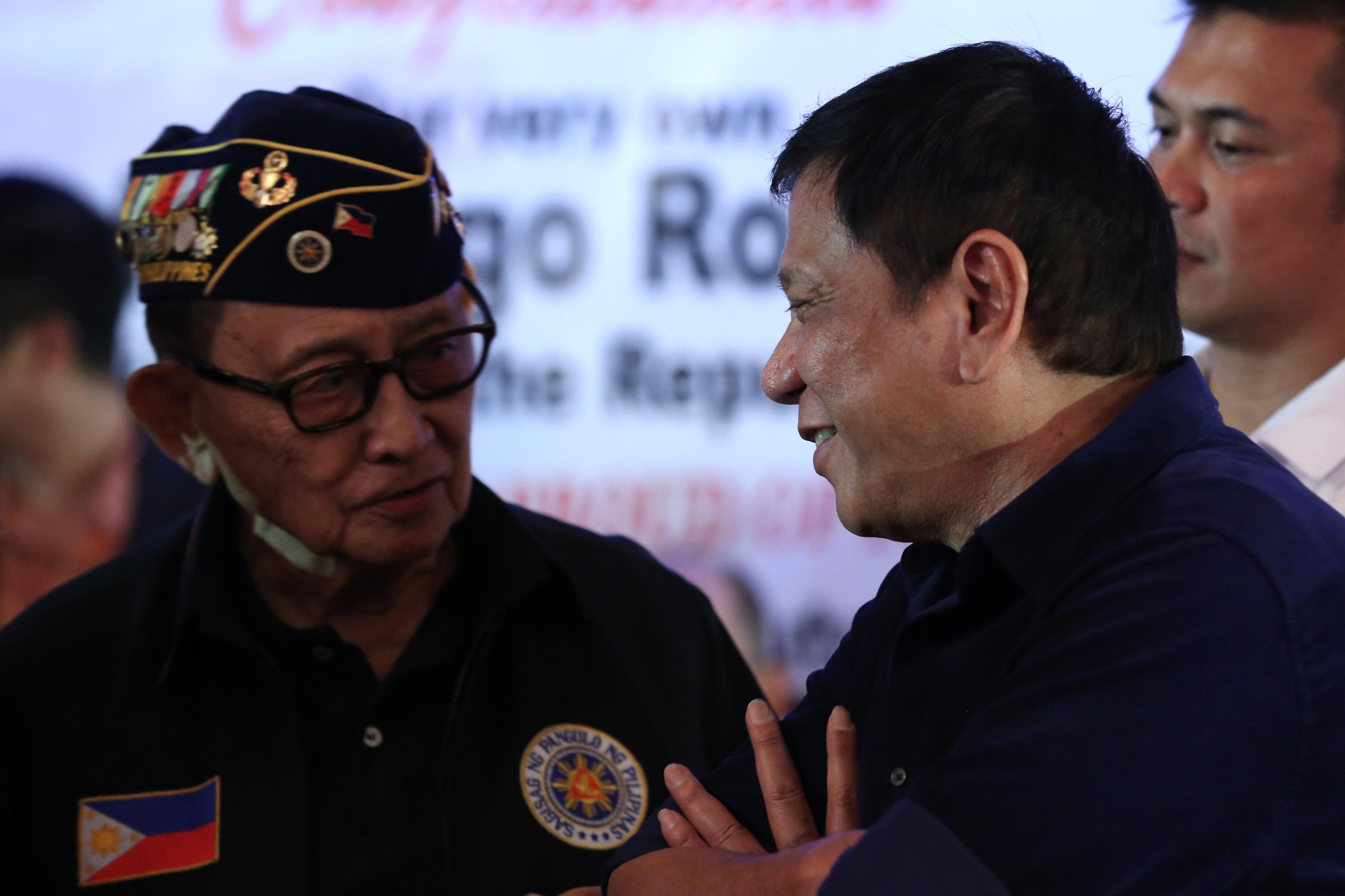 BEIJING MISSION. President Rodrigo Duterte chats with former president Fidel V. Ramos during the Testimonial Dinner Reception organized by the San Beda Law Alumni Association at Club Filipino in San Juan City, Manila on July 14, 2016. File photo by King Rodriguez/PPD  