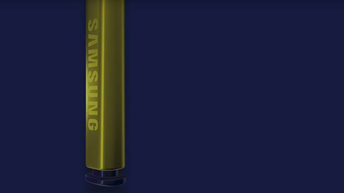 STYLUS. Samsung's S-Pen appears in a gold/yellow color in their teaser for the next Note phone. Screenshot from Samsung/Youtube 