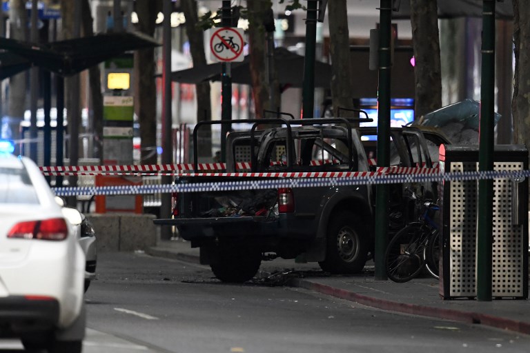 RAMPAGE. A burnt vehicle is pictured at the crime scene following a stabbing incident in Melbourne on November 9, 2018. Photo by William West/AFP 