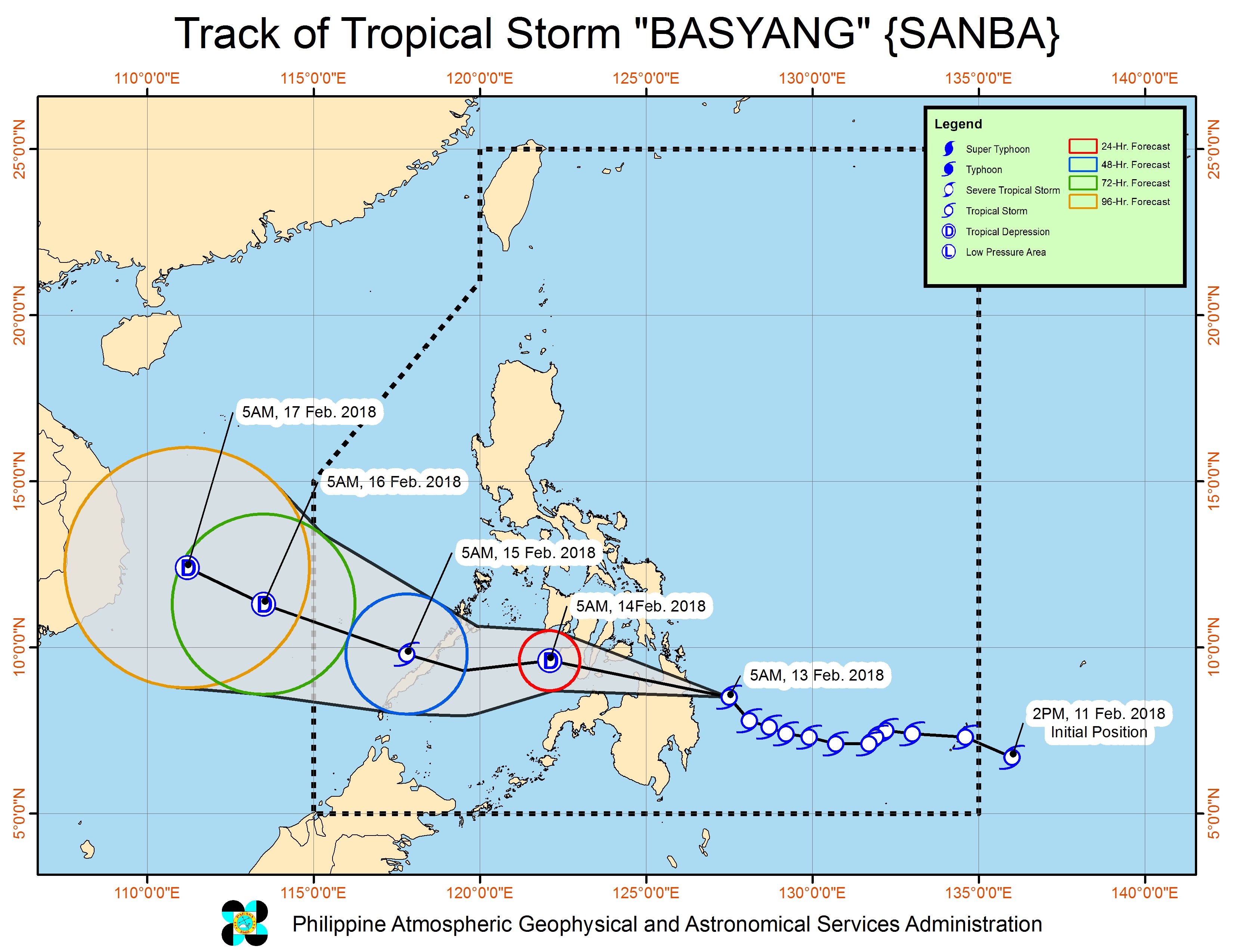 Forecast track of Tropical Storm Basyang as of February 13, 8 am. Image courtesy of PAGASA 