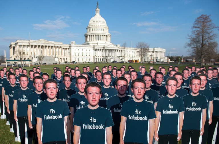 FACEBOOK. In this file photo taken on April 10, 2018, 100 cardboard cutouts of Facebook founder and CEO Mark Zuckerberg stand outside the US Capitol in Washington, DC, put up by protesters. File photo by Saul Loeb/AFP 