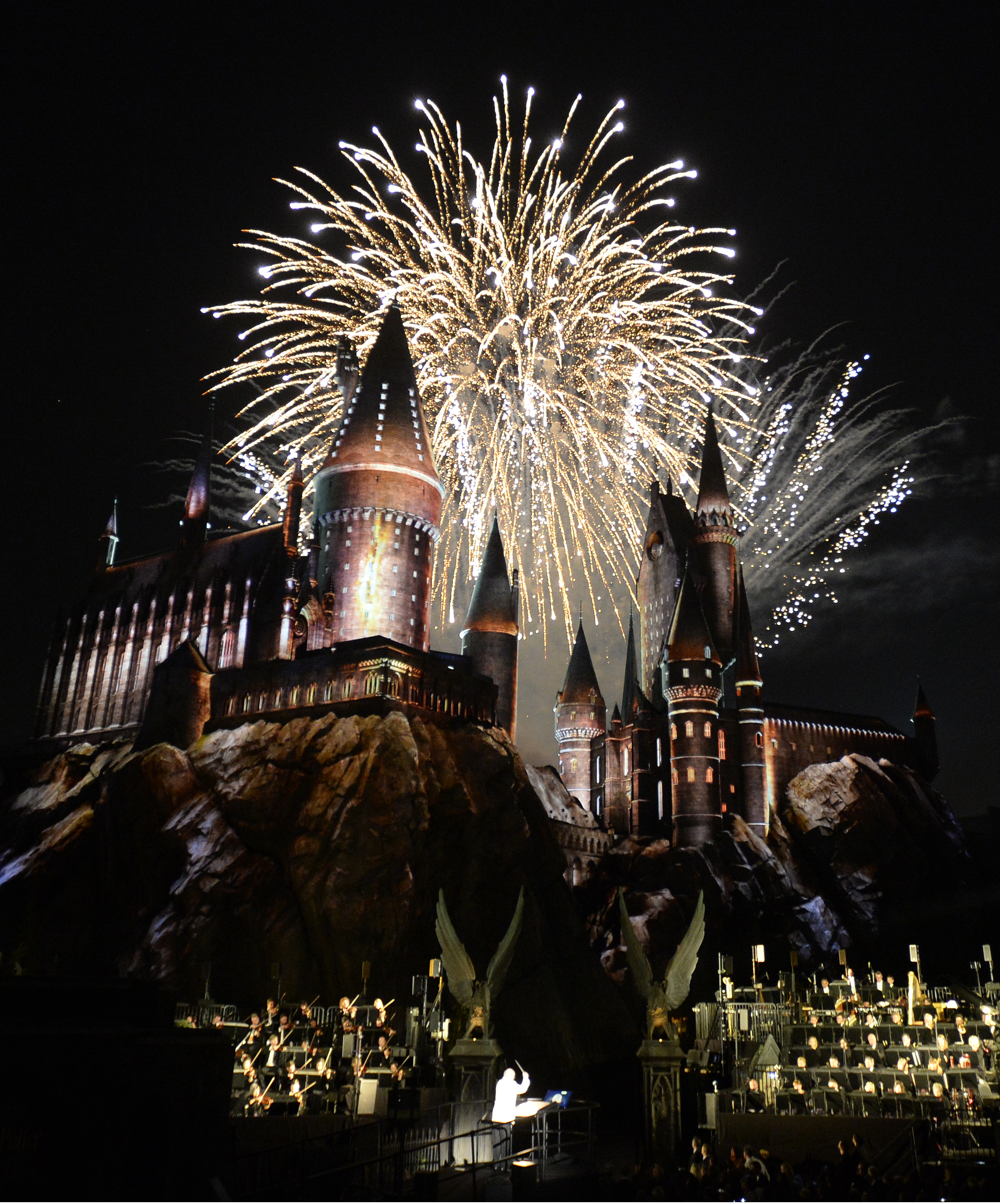 HOGWARTS AT NIGHT. Fireworks explode above the castle at the The Wizarding World of Harry Potter as the LA Philharmonic orchestra led by John Williams plays at the VIP Press preview at Universal Studios in Hollywood, California, USA, late 05 April 2016. The new complex and ride include a replica of Hogwarts Castle, the village, the signature ride 'Harry Potter and the Forbidden Journey' and will open to the public on April 7, 2016. Photo by Mike Nelson/EPA 