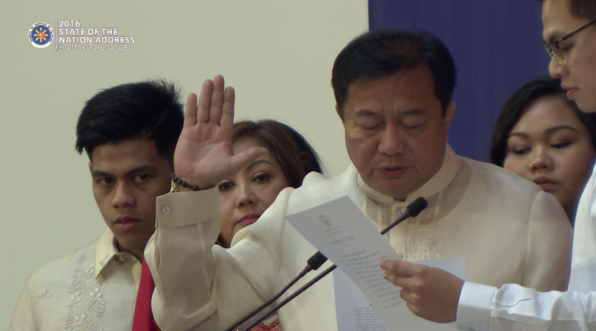 NEW HOUSE SPEAKER. PDP-Laban stalwart and Davao del Norte 1st District Representative Pantaleon Alvarez is sworn in as House Speaker on July 25, 2016. Rappler screenshot 