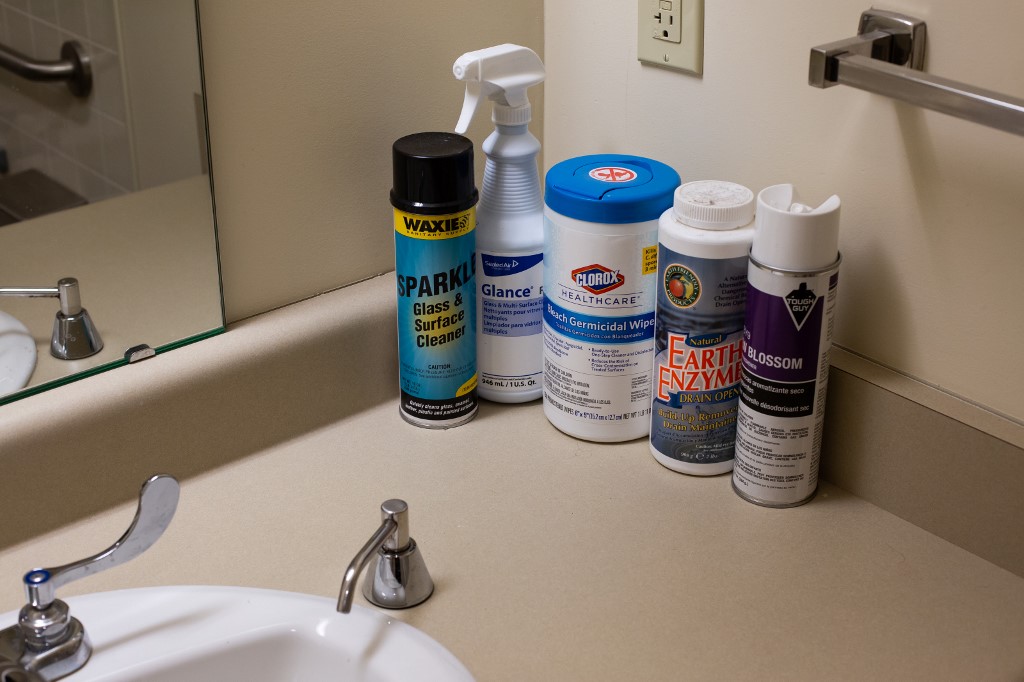 ARSENAL. Cleaning supplies sit on a counter in the bathroom of a dormitory unit to be used for quarantine of travelers at risk of coronavirus at the Washington State Patrols Fire Training Academy. Photo by David Ryder/Getty Images/AFP 