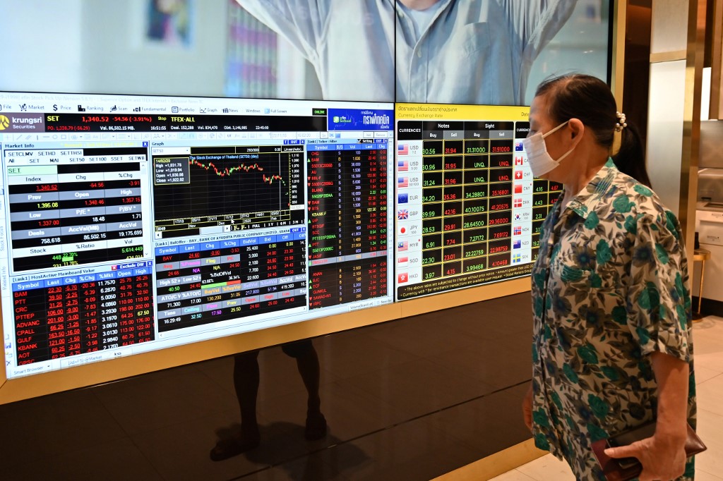 THAILAND STOCKS. A woman wearing a protective face mask looks at an electronic quotation board displaying share prices of the Bangkok Stock Exchange on February 29, 2020. Photo by Romeo Gacad/AFP 