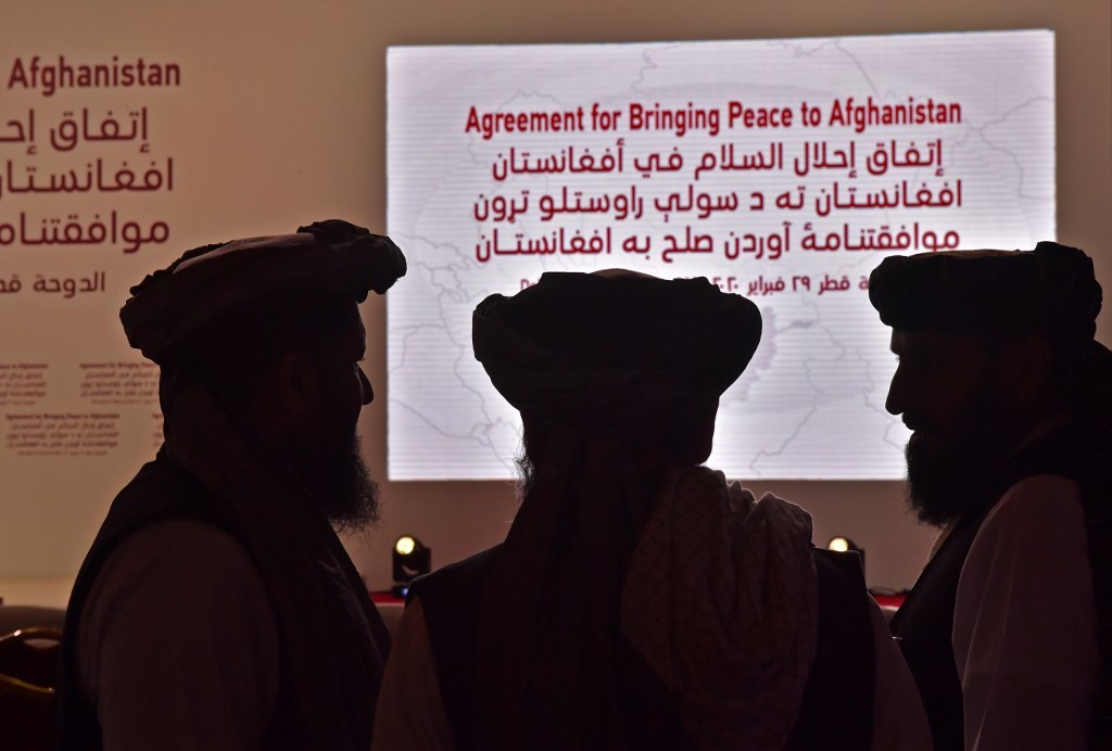 PEACE PROCESS? Members of the Taliban delegation gather ahead of the signing ceremony with the United States in the Qatari capital Doha, on February 29, 2020. File photo by Giuseppe Cacace/AFP   