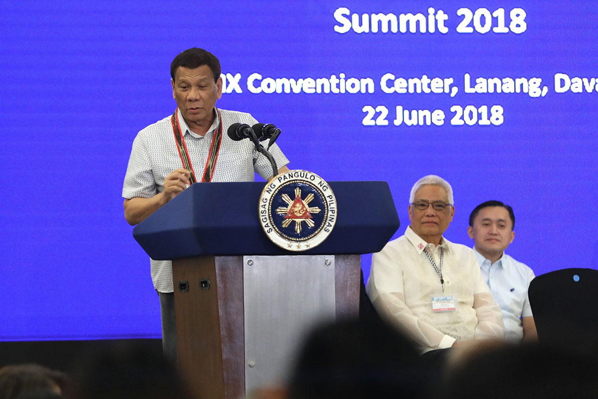 'STUPID.' President Rodrigo Duterte blasts God during his speech during the National Information and Communications Technology Summit 2018 in Davao City. Malacañang photo 