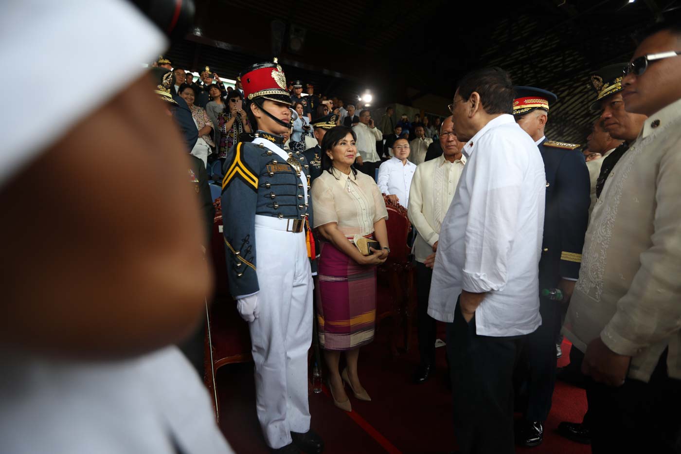 CHALLENGE TO ROBREDO. Vice President Leni Robredo and President Rodrigo Duterte exchange pleasantries at the sidelines of the commencement exercises for the Philippine Military Academy's Mabalasik Class of 2019. Photo by Charlie Villegas/OVP 