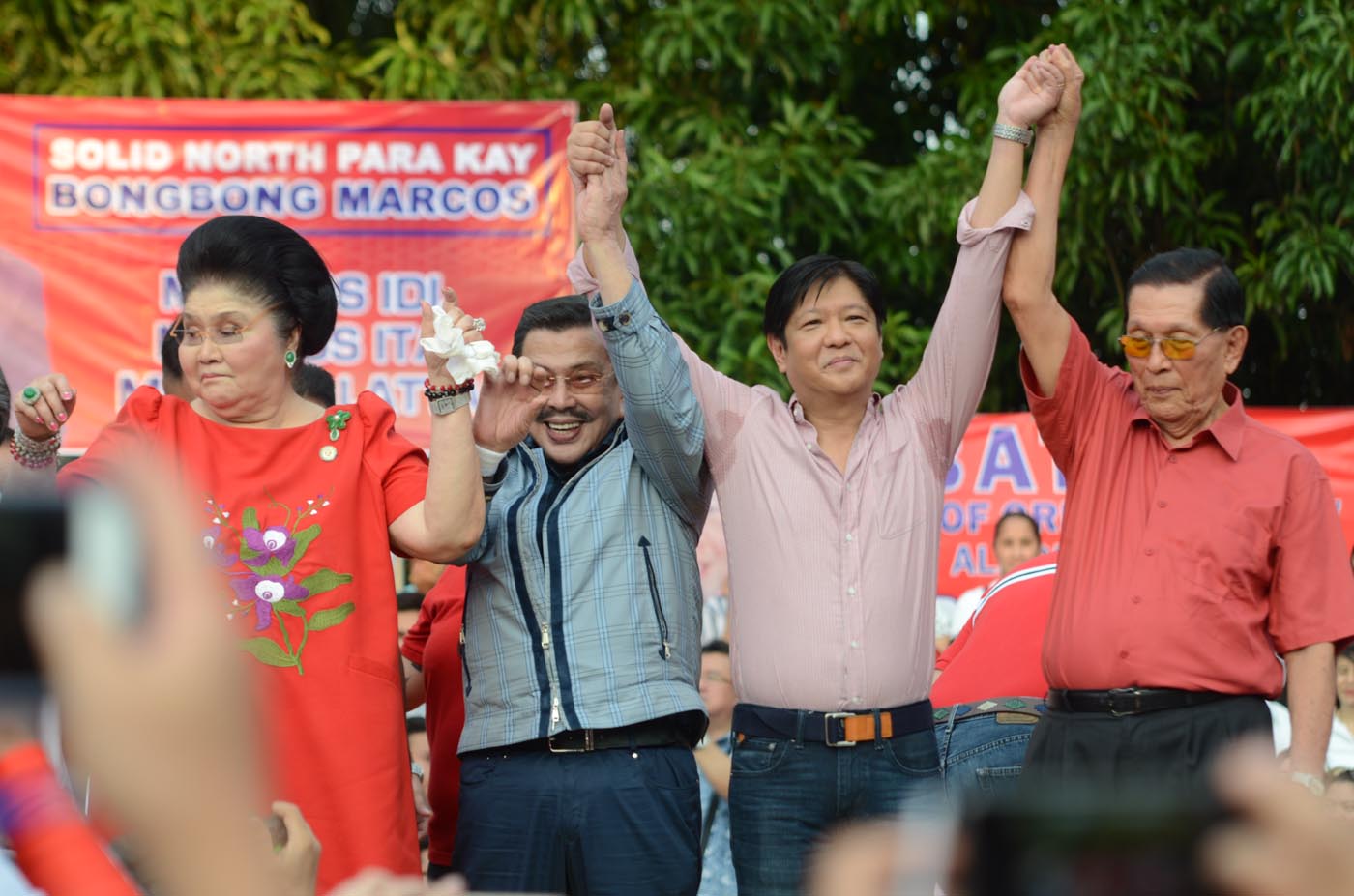 DOWNPLAYING EDSA. Senator Ferdinand 'Bongbong' Marcos Jr (2nd from right) says the People Power Revolution that ousted his father 'was politics.' (L-R): Former First Lady Imelda Marcos, Manila Mayor Joseph Estrada, and Senator Juan Ponce Enrile. Photo by Alecs Ongcal/Rappler     