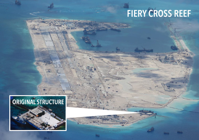MILITARY FACILITIES? A CNN report says China has built an airport tower and an early warning radar on Kagitingan Reef (Fiery Cross Reef). File photo obtained by Rappler  