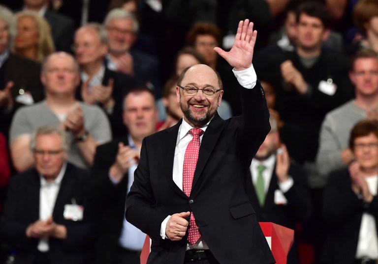 CHALLENGER. Former European parliament president and candidate for Chancellor of Germany's social democratic SPD party Martin Schulz greets delegates after his speech during the Congress of Germany's Social Democratic Party (SPD), on March 19, 2017 in Berlin. John Macdougall/AFP 