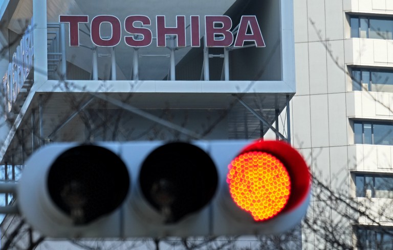 TOSHIBA. This file photo taken on February 16, 2017 shows the Toshiba Corporation logo at the company's headquarters in Tokyo. File photo by Kazuhiro Nogi/AFP 