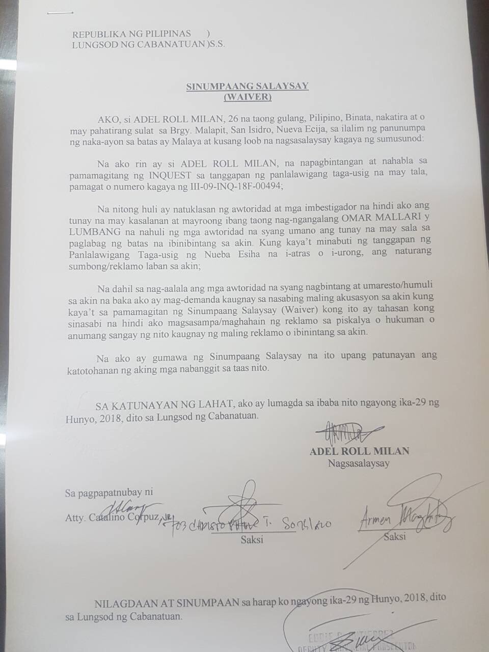 WAIVER. A photo the sworn statement of Adel Millan.  