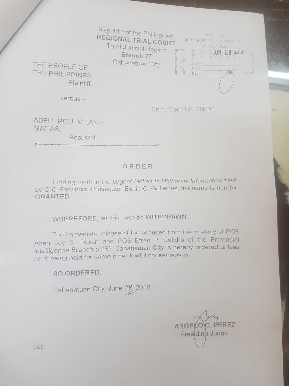 RELEASE. A photo of the order of Regional Trial Court in Cabanatuan City ordering the release of Adell Milan.  