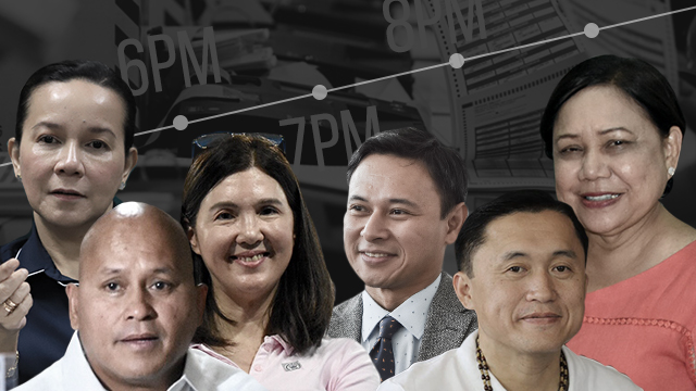 SURE WIN. From left to right: Grace Poe, Ronald 'Bato' Dela Rosa, Pia Cayetano, Edgardo 'Sonny' Angara, Bong Go, and Cynthia Villar, remain in the top 6 Senate seats throughout the first 12 hours of transmissions. 