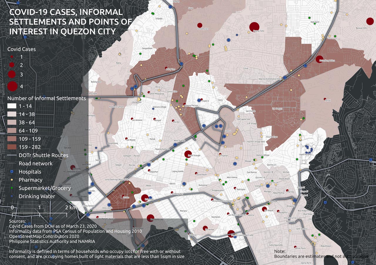 Maps by JR Dizon/Mapadatos

(UrbanisMO/PCIJ’s note: The numbers of households in informal housing was calculated based on four variables from the 2010 census. First, we calculated the households who enjoy (a) rent-free occupation with consent of owner; and (b) rent-free without consent of owner. We then filtered those numbers based on the type of housing, specifically homes where (c) floor area is less than 5 square meters, and (d) whose outer walls are constructed of wood and other light materials.) 