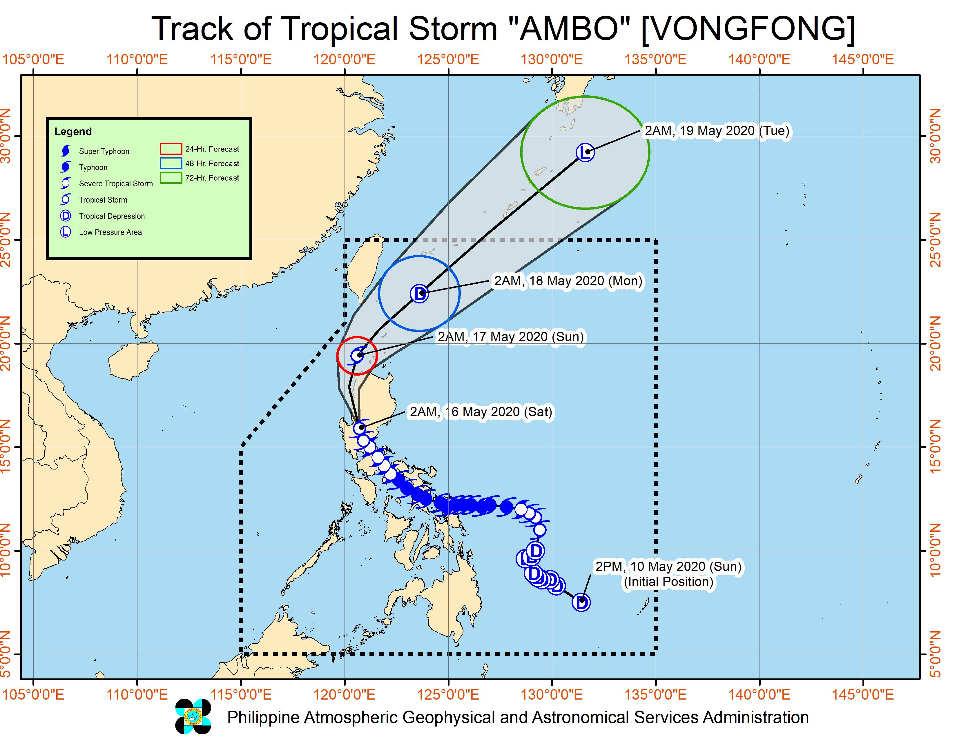Forecast track of Tropical Storm Ambo (Vongfong) as of May 16, 2020, 5 am. Image from PAGASA 