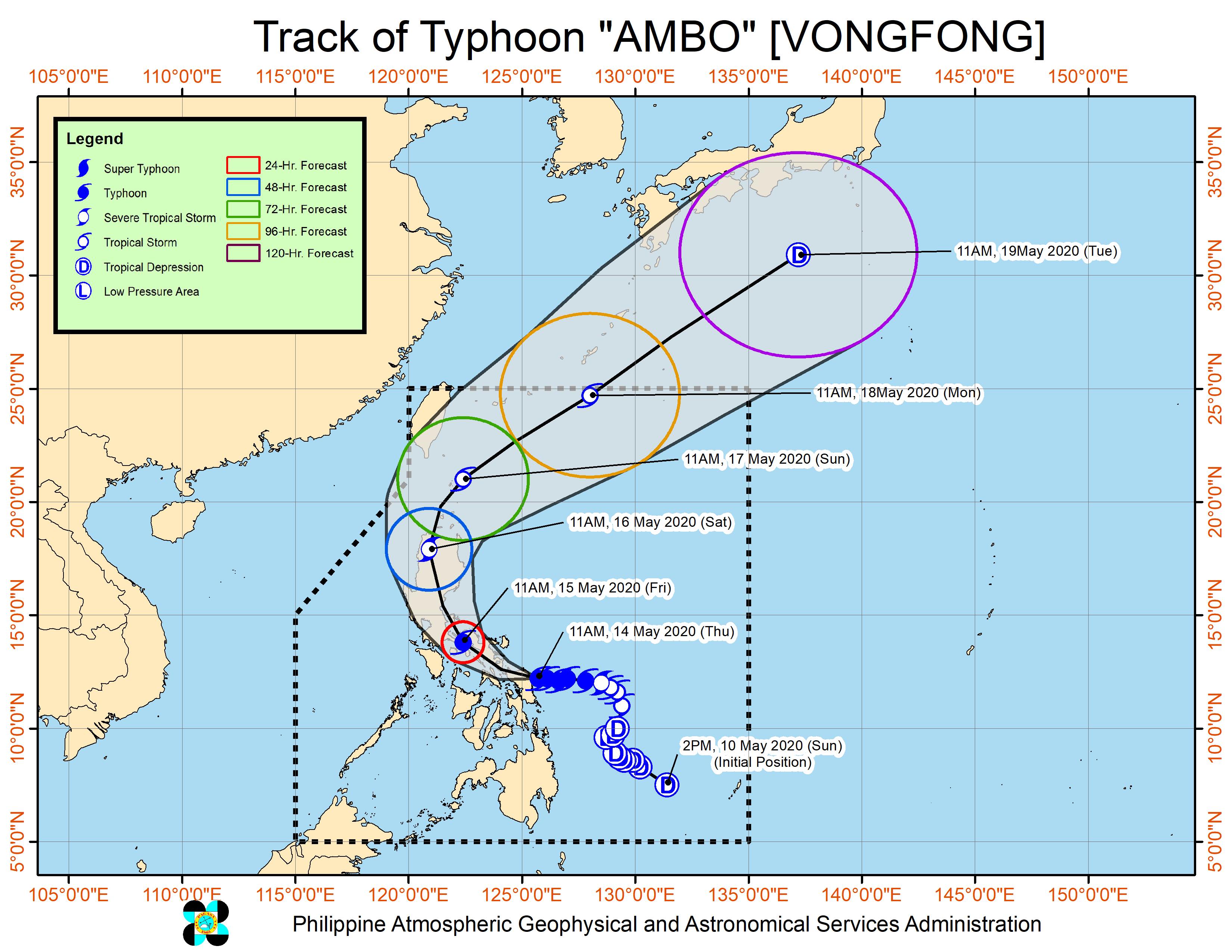 Forecast track of Typhoon Ambo (Vongfong) as of May 14, 2020, 2 pm. Image from PAGASA 