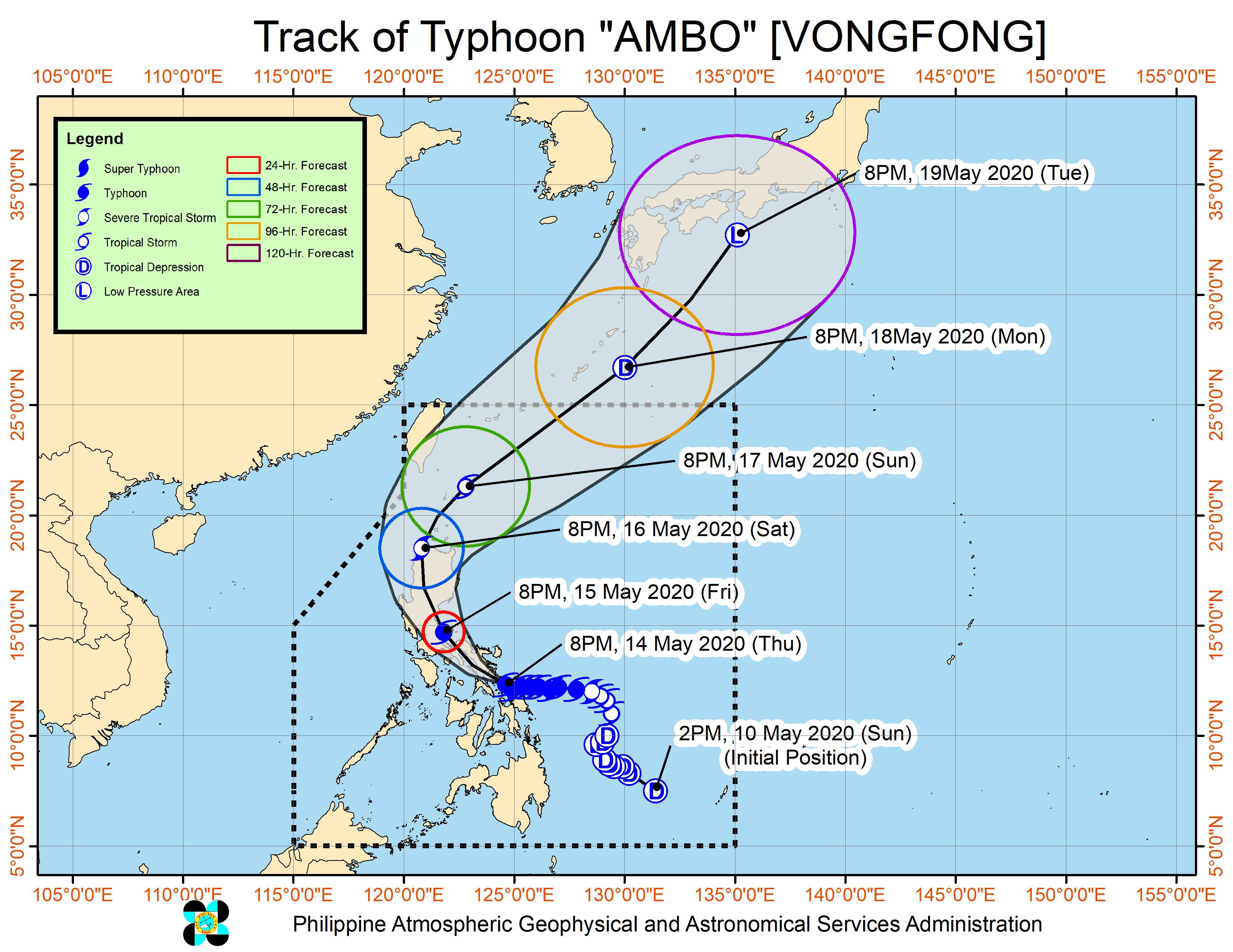 Forecast track of Typhoon Ambo (Vongfong) as of May 14, 2020, 11 pm. Image from PAGASA 