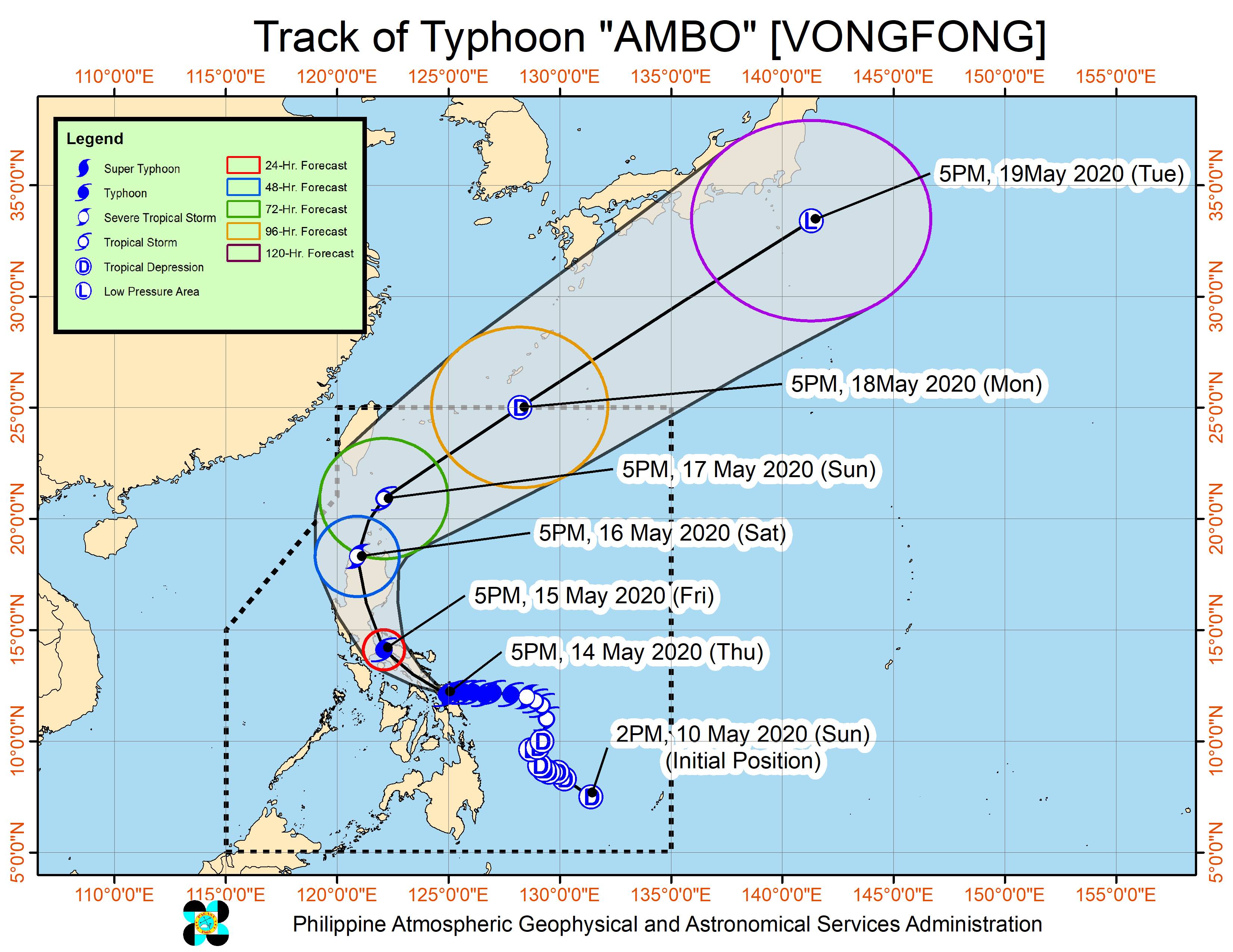 Forecast track of Typhoon Ambo (Vongfong) as of May 14, 2020, 8 pm. Image from PAGASA 
