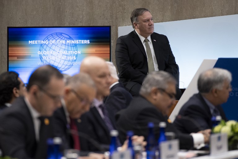 ON ISIS. US Secretary of State Mike Pompeo attends the Meeting of the Ministers of the Global Coalition to Defeat ISIS at the Department of State in Washington, DC, on February 6, 2019. File photo by Jim Watson/AFP 