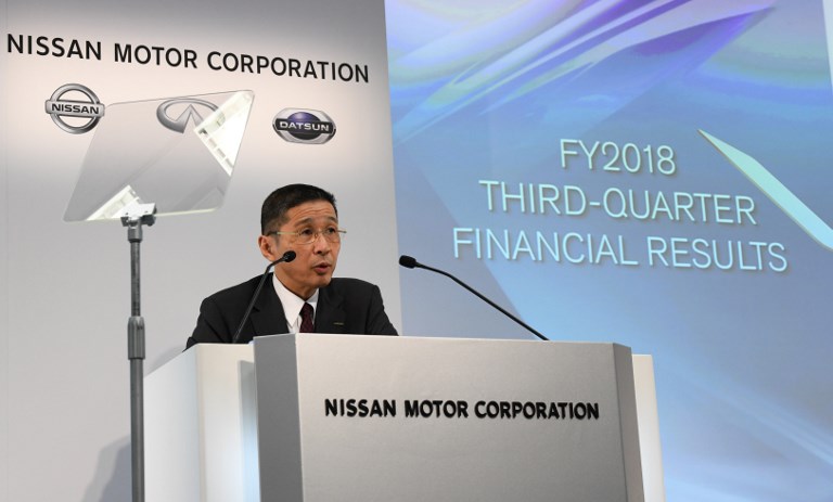 LOWER FORECAST. Nissan president and chief executive officer Hiroto Saikawa speaks during the company's financial results press conference at its headquarters in Yokohama on February 12, 2019. Photo by Toshifumi Kitamura/AFP 
