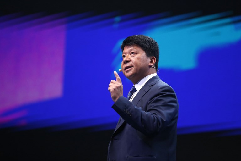 GUO PING. Huawei chairperson Guo Ping delivers a keynote speech at the Mobile World Congress (MWC) in Barcelona on February 26, 2019. Photo by Pau Barrena/AFP 