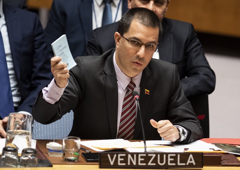 TRUMP-MADURO TALKS? Venezuelan Foreign Minister Jorge Arreaza speaks to the United Nations Security Council meeting on Venezuela February 26, 2019, at the United Nations in New York City. Photo by Johannes Eisele/AFP 