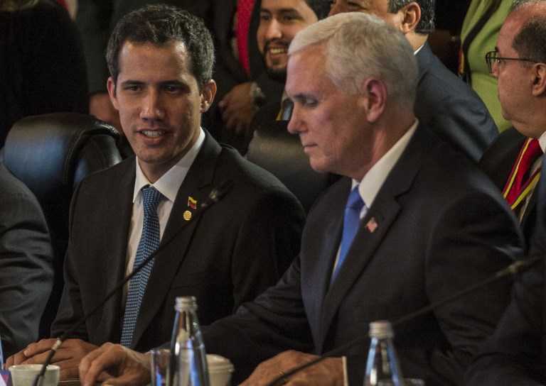 GUAIDO AND PENCE. US Vice President Mike Pence (R) and Venezuelan opposition leader and self-declared acting president Juan Guaido, take part in a meeting with Foreign Ministers of the Lima Group at Colombia's Foreign Affairs Ministry in Bogota, on February 25, 2019. Photo by Diana Sanchez/AFP 