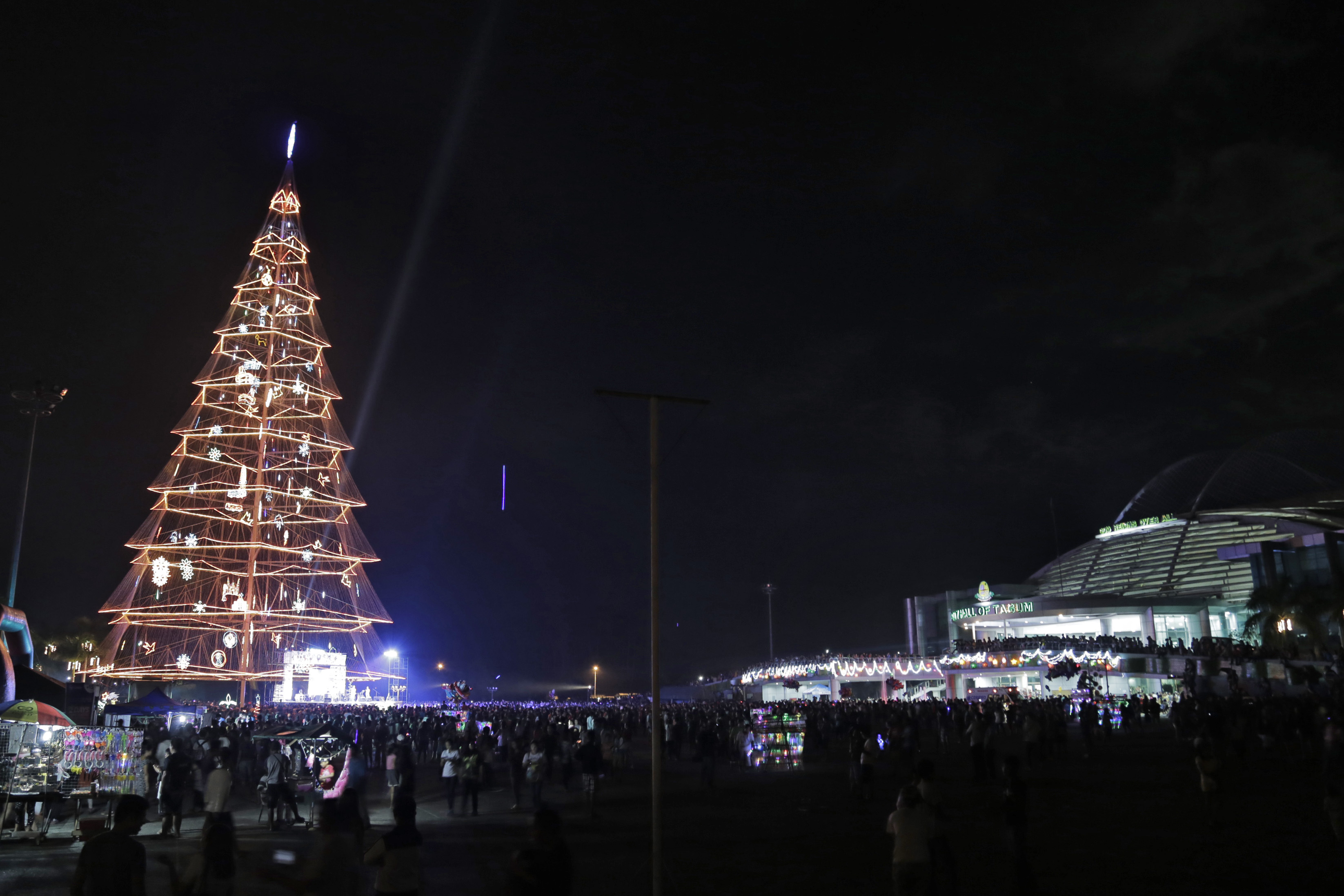 Tagum's two icons in one place – the giant holiday tree (left) and the city's new government center (right). Photo by Leo Timogan 
