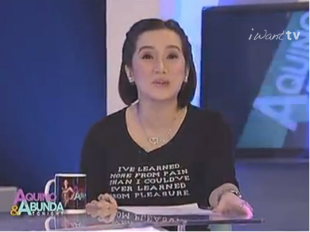 STATEMENT SHIRTS. Kris Aquino has been quiet for the last few days, but her statement shirts seem to speak otherwise. Screengrab from IWantTV/Aquino and Abunda Tonight