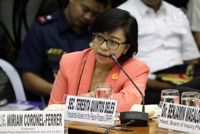 DON'T WAIT FOR DECEMBER. Government Chief Negotiator Miriam Coronel-Ferrer pushes for the BBL to be passed before the APEC Summit in November. File photo by Mark Cristino/Rappler 