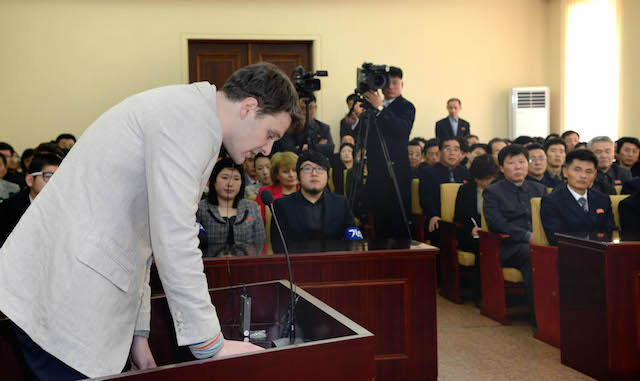 OTTO WARMBIER. A photo made available on March 17, 2016 shows Otto Warmbier at a court in Pyongyang, North Korea on March 16, 2016. File photo by KCNA 