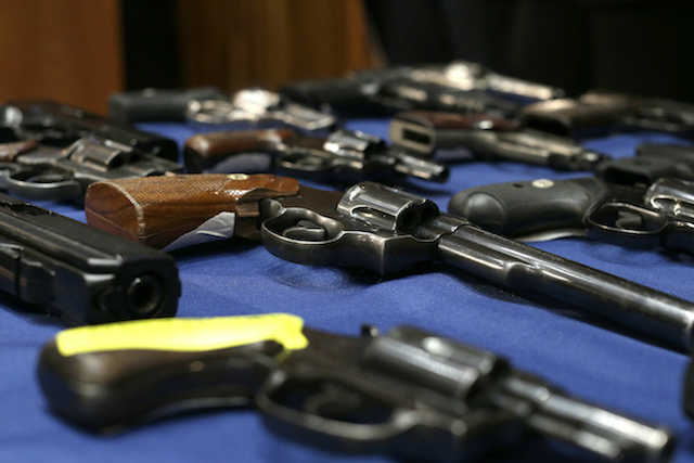 US GUN CONTROL. A file photograph showing guns on display at a press conference announcing the bust of a gun trafficking ring at Police Headquarters in New York, New York, USA, October 27, 2015. File photo by Andrew Gombert/EPA 