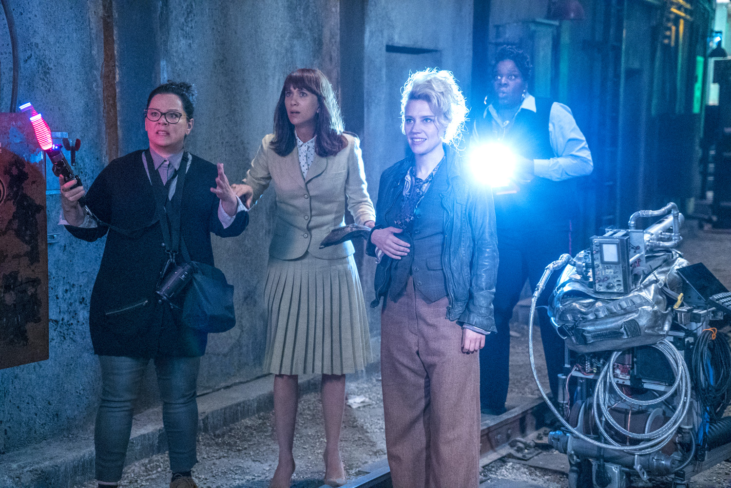 Abby (Melissa McCarthy), Erin (Kristen Wiig), Holtzmann (Kate McKinnon) and Patty (Leslie Jones) in Columbia Pictures' Ghostbusters. Photo courtesy of Sony Pictures 