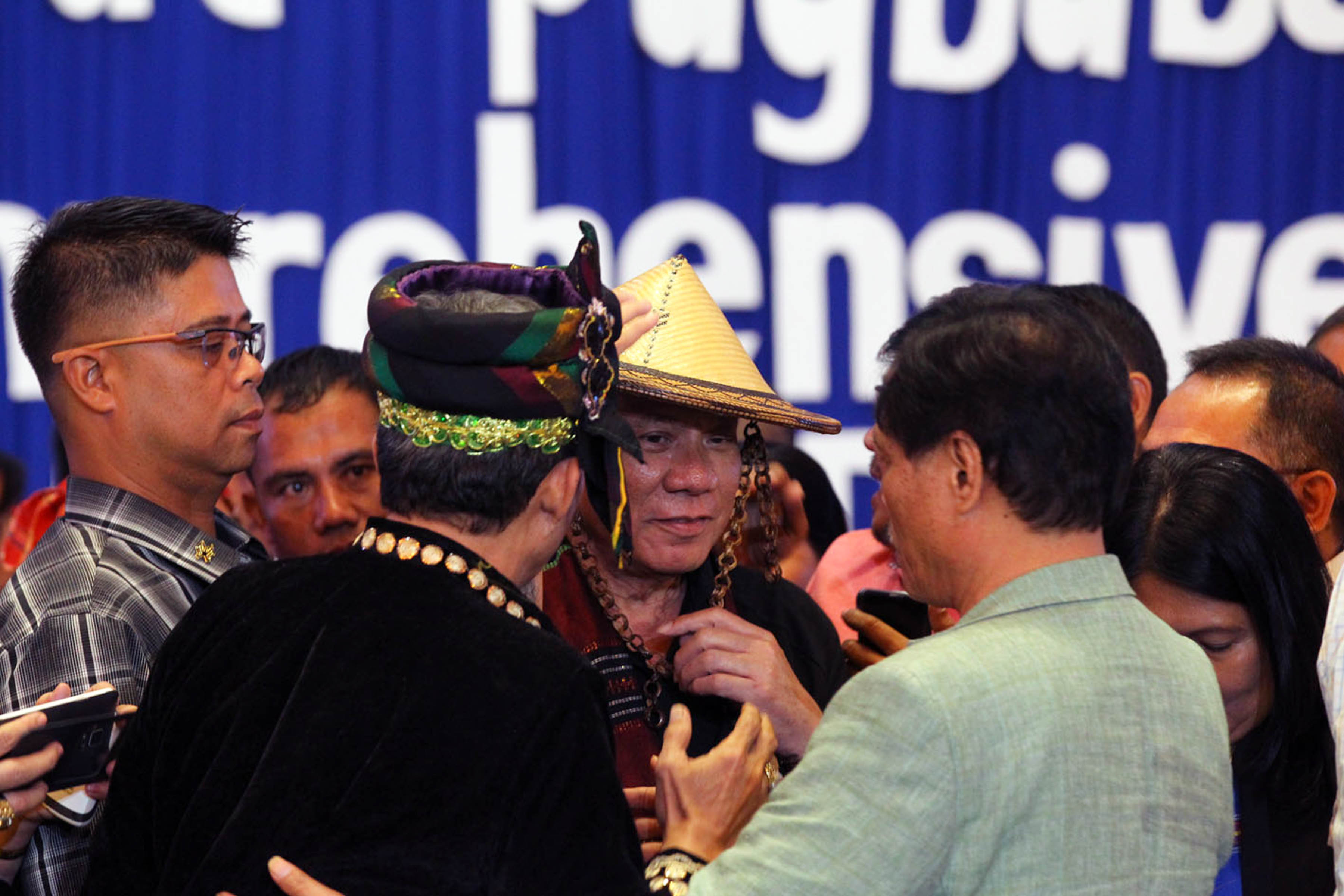 FIRST PRESIDENT FROM MINDANAO. President Rodrigo Duterte wears a conical hat during the launch of the Comprehensive Reform and Development Agenda for Autonomous Region in Muslim Mindanao (ARMM) and other Conflict-Affected Areas in Regions 9, 10, and 12 at Shariff Kabunsuan Cultural Complex in Cotabato City on October 29, 2016. Photo by Simeon Celi Jr/Presidential Photo 