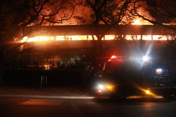 TASK FORCE ALPHA. The fire at the UP Diliman Faculty Center reaches Task Force Alpha. Photo courtesy of Chad Booc 