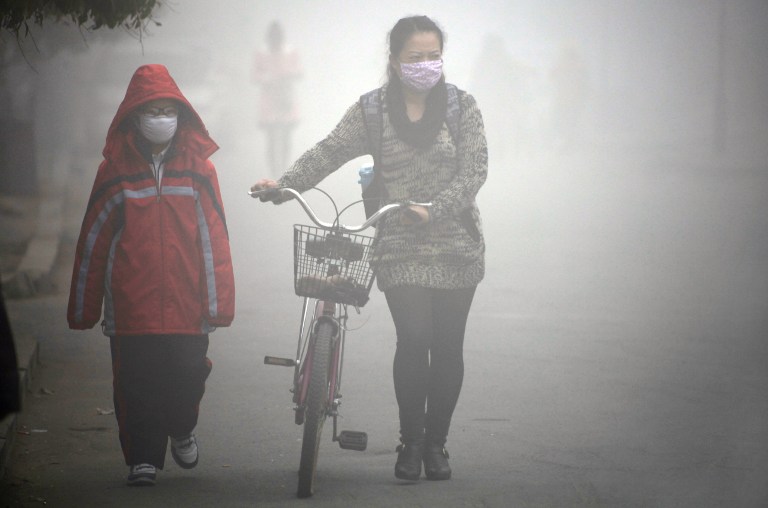 A woman walks with her child on a street as schools were closed due to the heavy smog in Jilin, northeast China's Jilin province on October 22, 2013. Stringer/File/AFP 