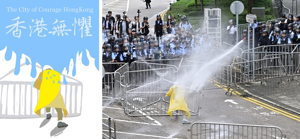 'CITY OF COURAGE.' This combo shows a file photo (R) taken on June 12, 2019 of Hong Kong police officers using a water canon on a lone protestor near the government headquarters during recent protests; and a handout (L) released to AFP on June 24, 2019 of artwork from Australia-based Chinese dissident artist Badiucao based on the same AFP image. AFP PHOTO / Badiucao 