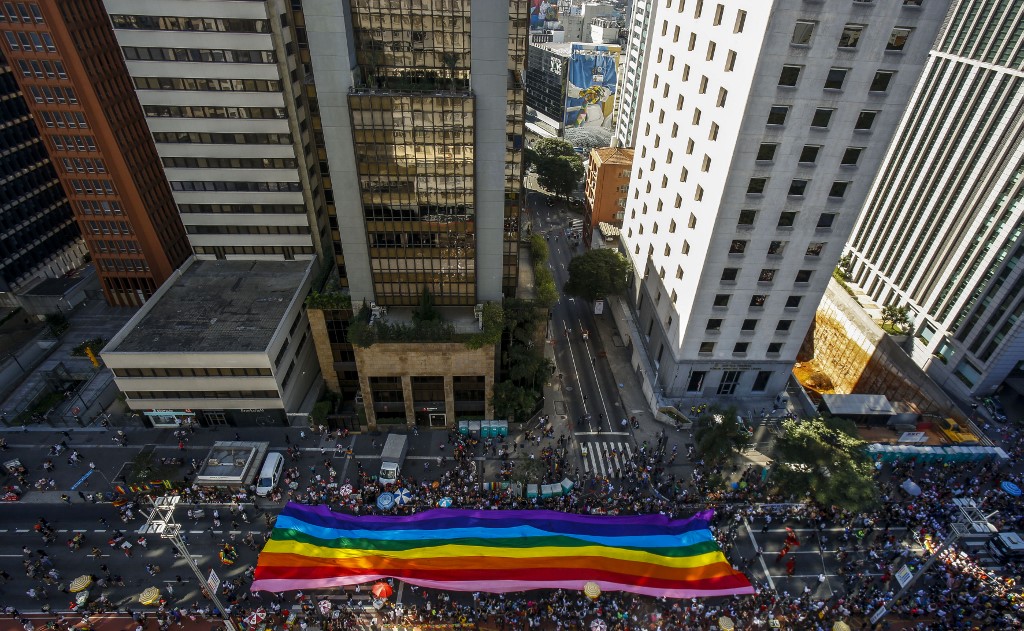 BRAZIL'S GAY PRIDE. Aerial view of the 23rd Gay Pride Parade, which theme is "50 years of Stonewall", in Sao Paulo, Brazil on June 23, 2019. Photo by Miguel Schincariol/AFP 