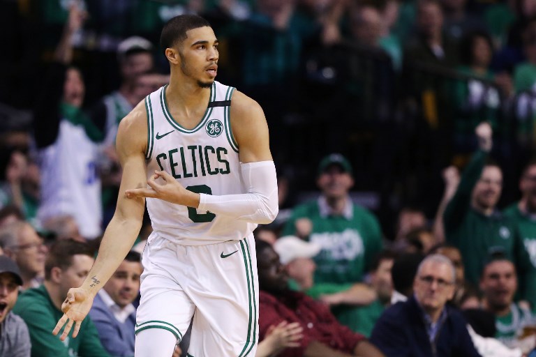 ONE DOWN. Boston's Jayson Tatum celebrates after hitting a three-point shot in the Celtics' victory over the Philadelphia 76ers. Photo byMaddie Meyer/Getty Images/AFP 