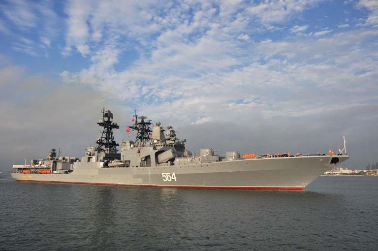 RUSSIAN WARSHIP. This picture taken on September 12, 2016, shows Russian destroyer Admiral Tributs arriving at Zhanjiang port in China's southern Guangdong province.
Russian navy ships arrived for eight-day joint military exercises with the Chinese navy in the South China Sea, in a show of force after an international tribunal invalidated the Asian giant's extensive claims in the region. / AFP PHOTO / STR / China OUT 