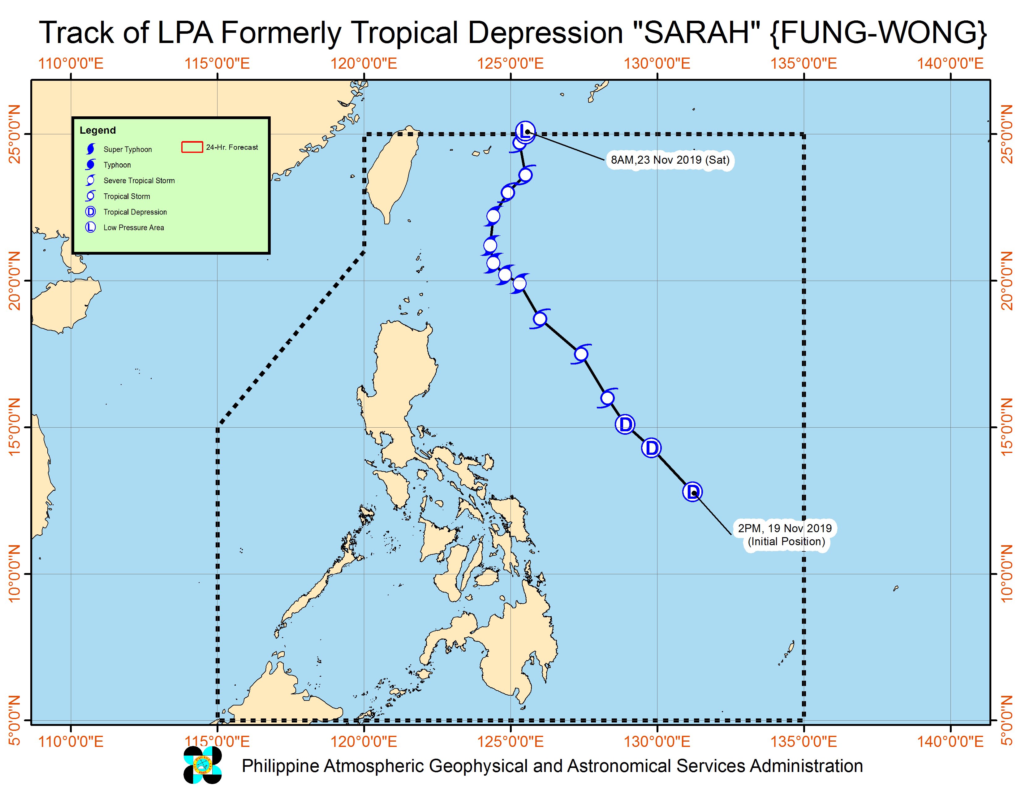 Forecast track of the low pressure area which used to be Tropical Depression Sarah (Fung-wong), as of November 23, 2019, 11 am. Image from PAGASA 