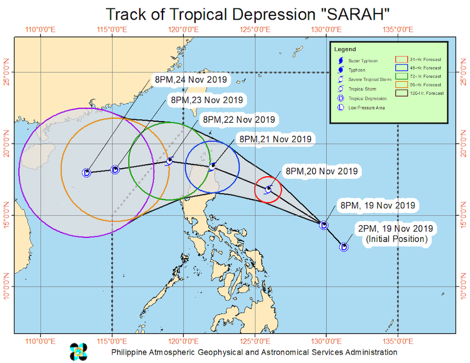 Forecast track of Tropical Depression Sarah as of November 19, 2019, 11 pm. Image from PAGASA 