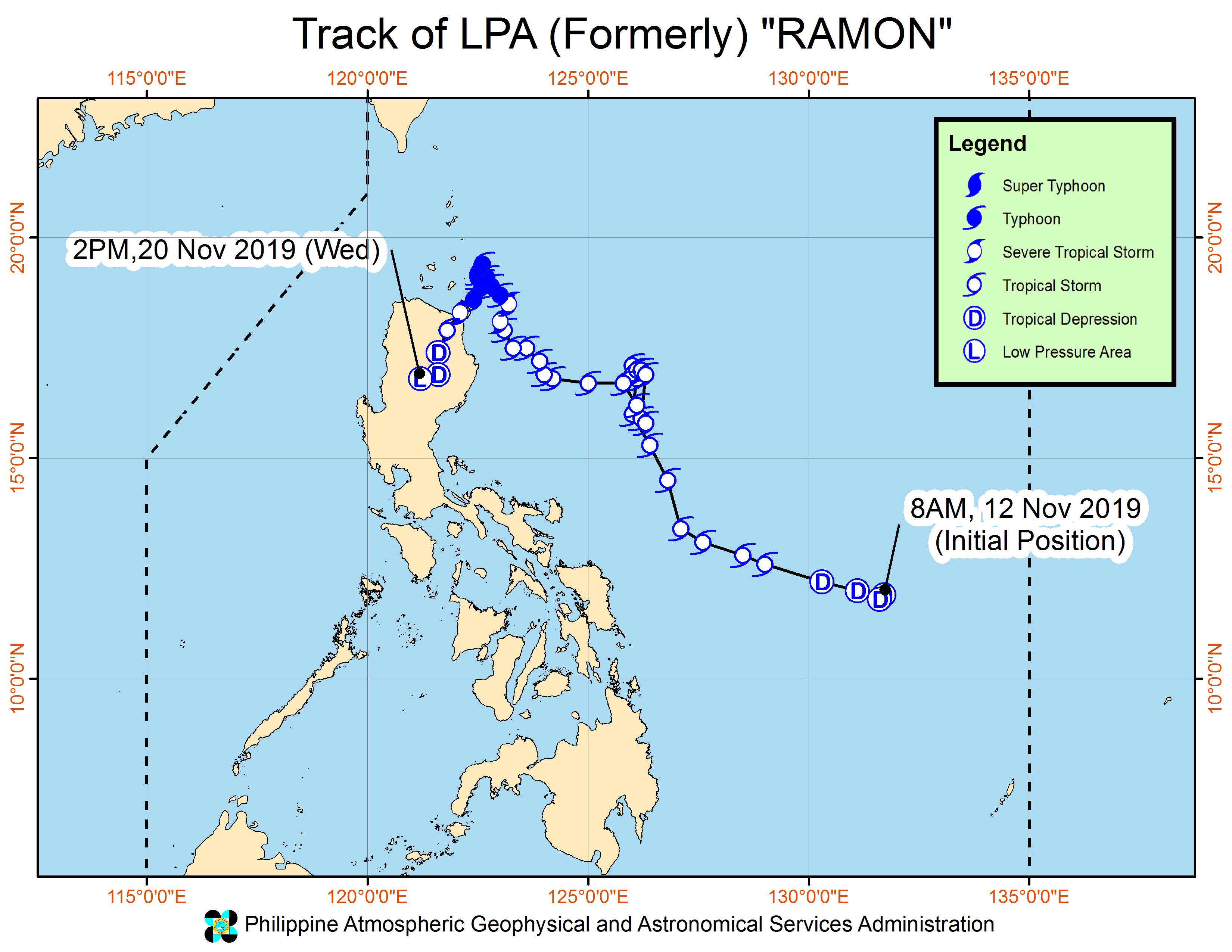 Forecast track of the low pressure area which used to be Tropical Depression Ramon (Kalmaegi) as of November 20, 2019, 5 pm. Image from PAGASA 